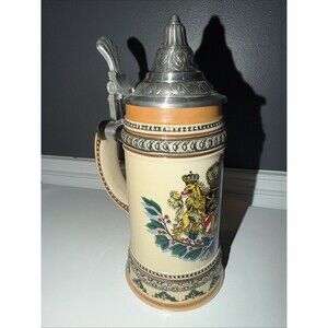 Vintage Germany Beer Stein With Lid Crest Lions 9” Bayern Tan Blue Brown